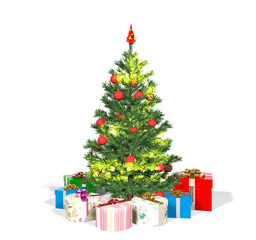 Fototapeta na wymiar Christmas tree and gift boxes isolated on white background