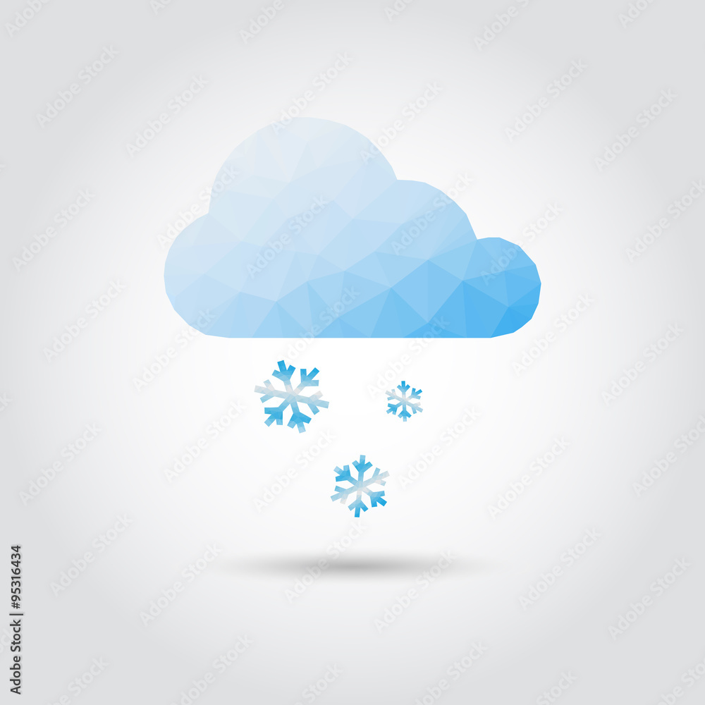 Poster snowfall cloud polygon icon in modern style with shadow and gray background. geometric symbol of sno