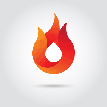 Fire polygon icon in modern style with shadow and gray background. Geometric symbol of flame icon and heat.