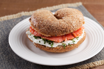 Salmon and cream cheese bagel sandwich