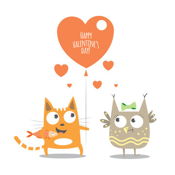 Vector card by Valentine's Day. Cartoon cat congratulates an owl.