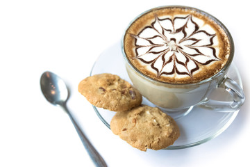 Cup of latte coffee and Homemade cookies on white background