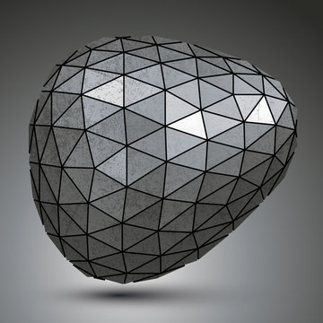 Deformed galvanized 3d abstract object, grayscale asymmetric sph