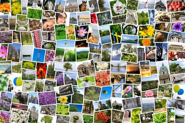 Fototapeta na wymiar Asymmetrical mosaic mix collage of 200 photos of life style, people, different places, landscapes, flowers, insects, objects, sport and animals shot by myself during Europe travels