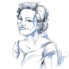 Vector drawing of smiling pleased woman with stylish haircut. 