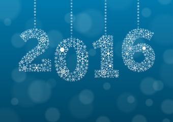 2016 text made of snowflakes on background with bokeh effect