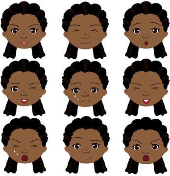 Afro girl emotions: joy, surprise, fear, sadness, sorrow, crying
