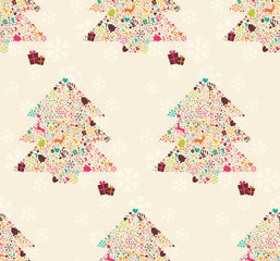 Seamless pattern with ornamental Christmas tree with reindeers,