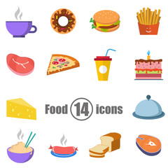 Food set of 14 icons in a flat style