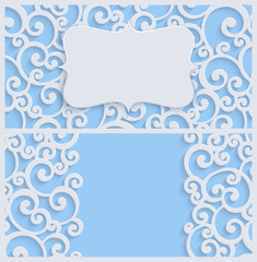 Vector Blue 3d Vintage Invitation Card with Floral Damask Pattern