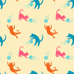 Seamless pattern with cute playing cats.