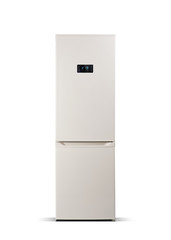 Beige refrigerator isolated on white. The external LED display, with blue glow. Fridge freezer. 