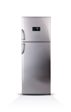 Stainless steel modern refrigerator isolated on white. The external LED display, with blue glow. Fridge freezer.