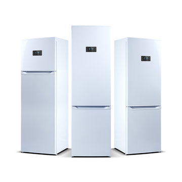 Three refrigerators isolated on white. The external LED display, with blue glow. Fridge freezer. 