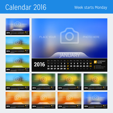 Desk Calendar for 2016 Year. Vector Design Print Template with Place for Photo. Week Starts Monday. Set of 12 Months