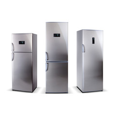 Three stainless steel refrigerators woth external LED display isolated on white