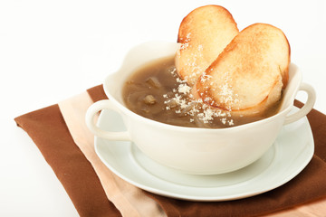 Onion clear soup with dried bread