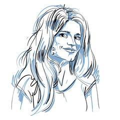 Monochrome vector hand-drawn image, flirting young woman. Black