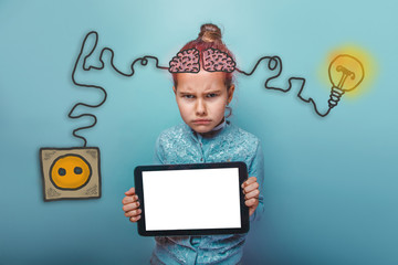 teen girl holding a plate and frowned offended charging cord plu