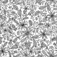 Vector seamless black doodles pattern, floral ethnic ornament, fashion pattern for fabric