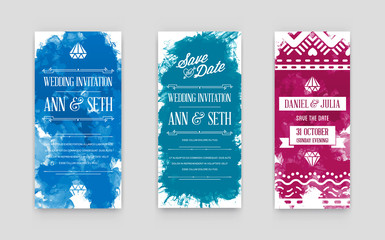 Set of Vector Illustration Invitation to Wedding Card. Collection in Watercolor Art Style on Backdrop