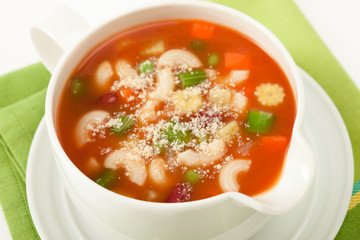 Clear vegetable soup with macaroni and cheese powder