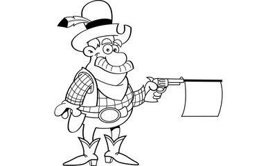 Black and white illustration of a cowboy shooting a gun with a sign.