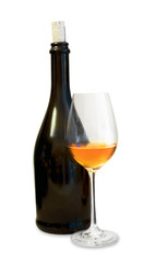 Dark bottle with glass of wine on white background