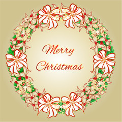Merry Christmas wreath with ribbons and poinsettia vector