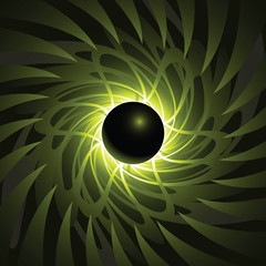 Abstract illustration of a black hole spinning in space.