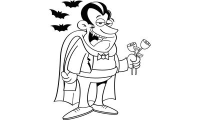 Black and white illustration of a vampire holding roses.