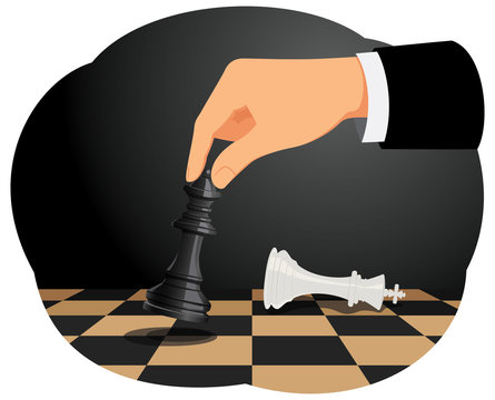 Businessman playing chess game. Checkmate move on king. Business strategy concept.