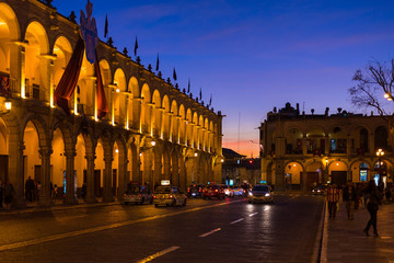 Fototapeta premium People on Main Square at dusk, Arequipa, Peru