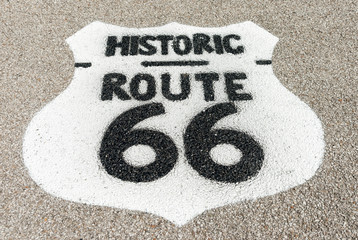 Historic Route 66 sign on forecourt of Texaco garage restored at - obrazy, fototapety, plakaty