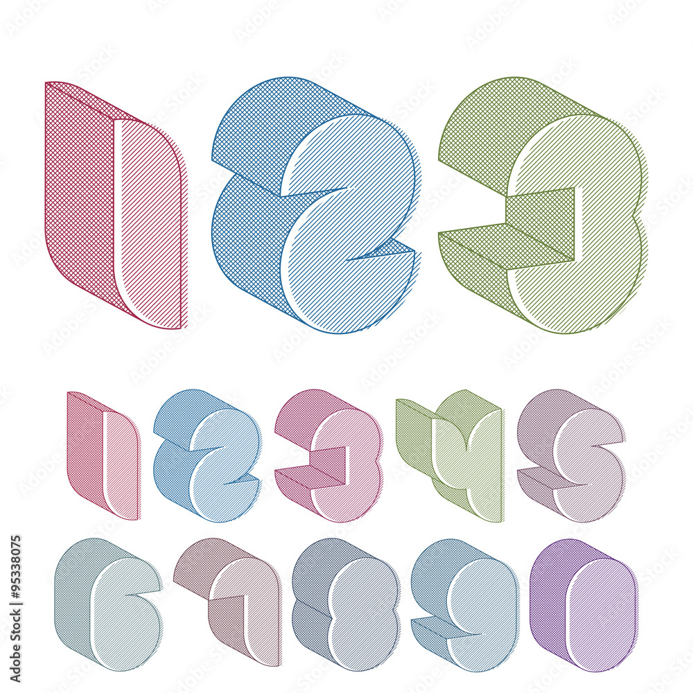 Poster 3d futuristic numbers set with lines textures.