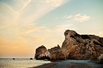 Fototapeta na wymiar Famous seascape of the Rock of Aphrodite beach at Paphos area