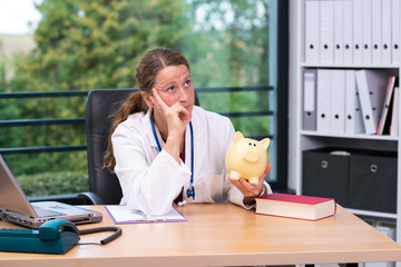 young female  doctor with piggy bank