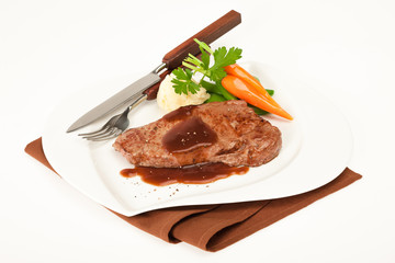 Beefsteak with brown sauce and chilly pepper