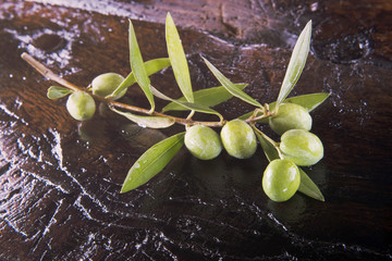 branch of olive on a old wodden table