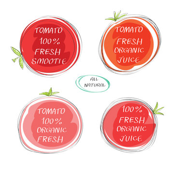 Fresh juice -  Health Food Headings vector set  - Tomatoes juice circle stickers with inscription fresh. Calligraphic Organic food hand drawn icons  collection isolated on white background. Eps 10.