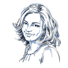 Hand-drawn portrait of white-skin smiling woman, face emotions t
