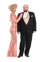 Eccentric Fat Man in a Tuxedo and Beautiful Lady in an Evening D - obrazy, fototapety, plakaty