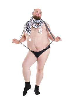 Funny Crazy Fat Man in Panties with Suspenders Posing Stock Photo