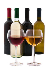Wine glasses and bottles of wine on white background. Flat mock up for design.