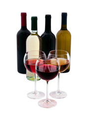 Wine glasses and bottles of wine on white background. Flat mock up for design.