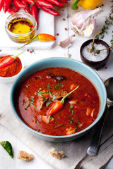 Goulash, beef, tomato, pepper, chili, smoked paprika soup. 