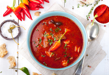 Goulash, beef, tomato, pepper, chili, smoked paprika soup. 