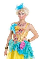 Drag Queen in Yellow-Blue Dress Performing