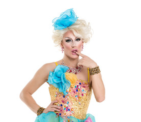 Drag Queen in Yellow-Blue Dress Performing
