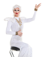 Drag Queen in White Dress Performing